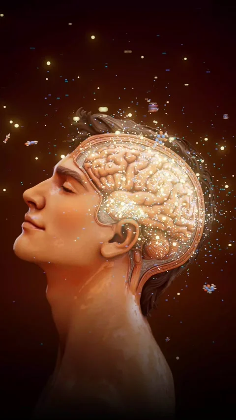 Conceptual 3D animation of a happy man with visible brain and happiness molec Stock Footage 335679103