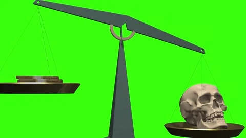 Conceptual 3D animation showing a human skull and bundles of US dollars on ba Stock Footage 327966580