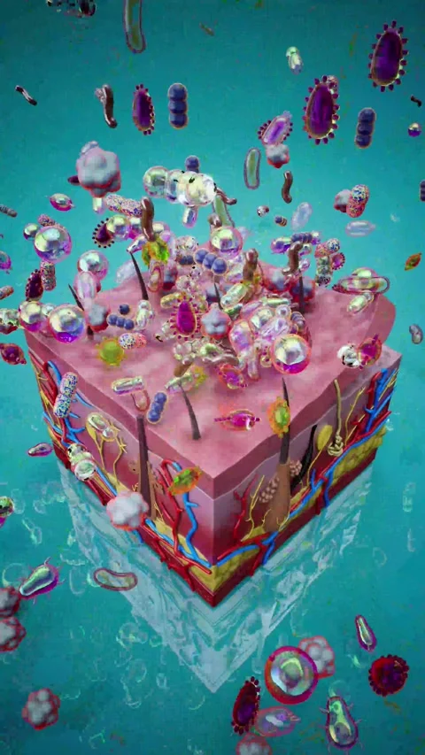 Conceptual 3D animation of skin tissue fighting bacteria and viruses Stock Footage 337870291