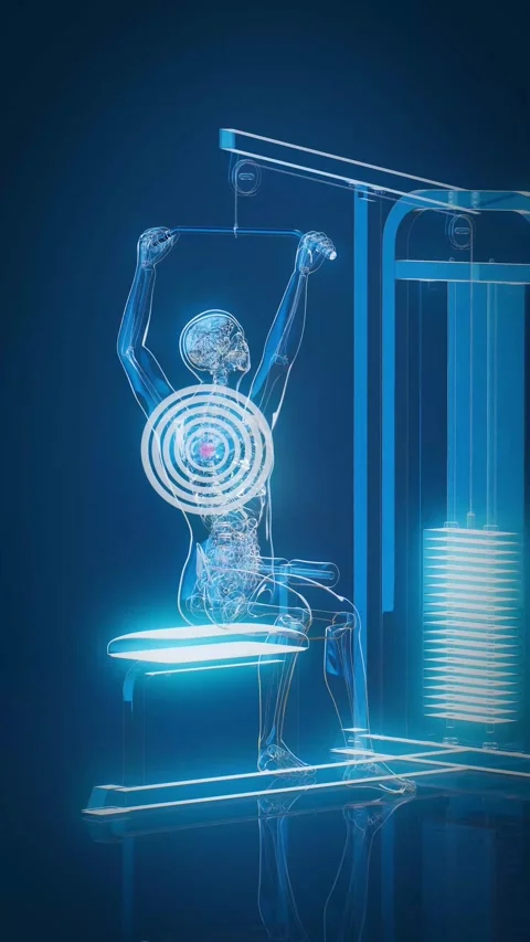 Conceptual 3D animation of an x-ray man performing a lat pulldown exercise Stock Footage 340082893