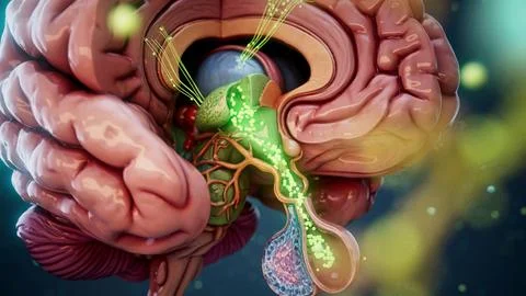 Conceptual 3D illustration of the brain generating dopamine molecules in the  Stock Illustration