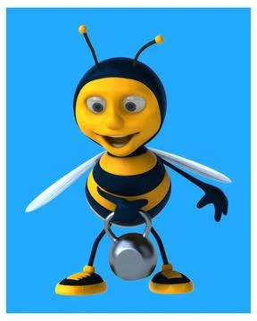 Conceptual 3D illustration of a cartoon bee lifting a kettlebell Ilustração Stock