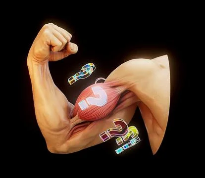 Conceptual 3D illustration of contracting biceps with question marks motion d Stock Illustration
