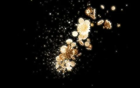 Conceptual 3D illustration of flying golden flowers motion design 스톡 일러스트