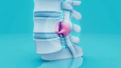 Conceptual 3D illustration of a herniated disk in the lumbar spine Stock Illustration
