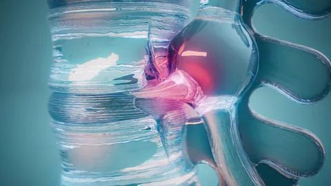 Conceptual 3D illustration of a herniated disk in the lumbar spine Stock Illustration