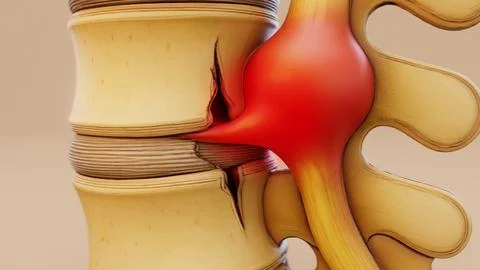Conceptual 3D illustration of a herniated disk in the lumbar spine Stock Illustration