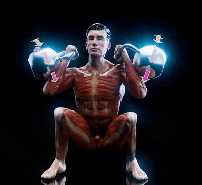 Conceptual 3D illustration of a man doing a kettlebell squat Stock Illustration