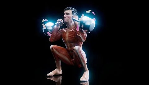 Conceptual 3D illustration of a man doing a kettlebell squat Stock Illustration