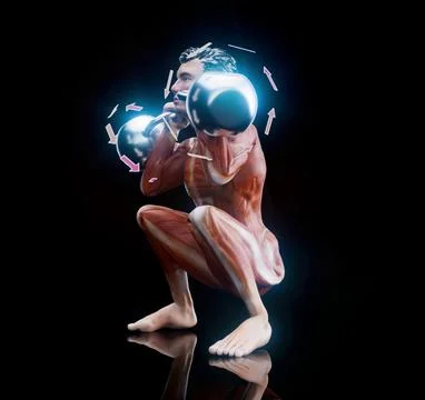 Conceptual 3D illustration of a man doing a kettlebell squat Stock Illustration