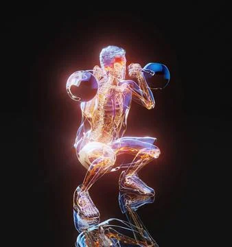 Conceptual 3D illustration of a man doing a kettlebell squat Stock Illustration
