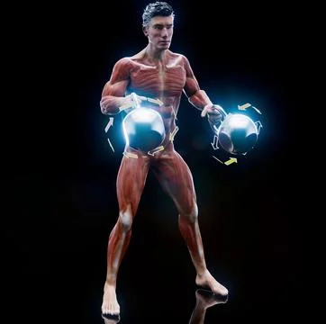 Conceptual 3D illustration of a man doing a kettlebell squat Stock Illustration