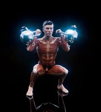 Conceptual 3D illustration of a man doing a kettlebell squat Stock Illustration