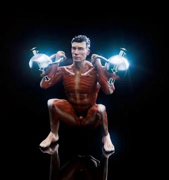 Conceptual 3D illustration of a man doing a kettlebell squat Stock Illustration