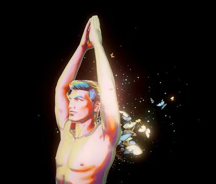 Conceptual 3D illustration of a man practicing yoga virabhadrasana with butte Stock Illustration