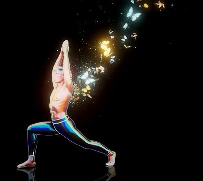 Conceptual 3D illustration of a man practicing yoga virabhadrasana with butte Stock Illustration