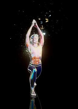 Conceptual 3D illustration of a man practicing yoga virabhadrasana with butte Stock Illustration