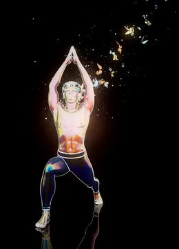 Conceptual 3D illustration of a man practicing yoga virabhadrasana with butte Stock Illustration