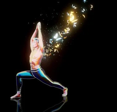 Conceptual 3D illustration of a man practicing yoga virabhadrasana with butte Stock Illustration