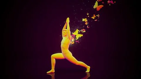 Conceptual 3D illustration of a man practicing yoga virabhadrasana with butte Stock Illustration