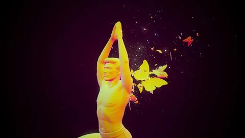 Conceptual 3D illustration of a man practicing yoga virabhadrasana with butte Stock Illustration