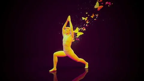 Conceptual 3D illustration of a man practicing yoga virabhadrasana with butte Stock Illustration