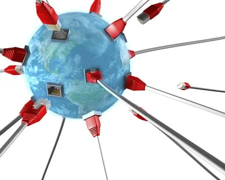 Conceptual 3D illustration of many network cable connectors plugging into a blue 库存插图