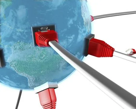 Conceptual 3D illustration of many network cable connectors plugging into a blue Stockillustratie