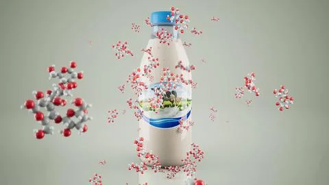 Conceptual 3D illustration of a milk bottle producing lactose molecules Stock Illustration