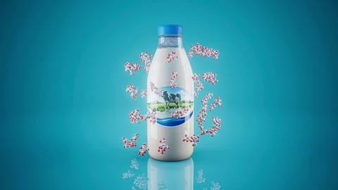 Conceptual 3D illustration of a milk bottle producing lactose molecules Stock Illustration