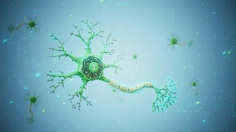 Conceptual 3D illustration of a neuron with floating molecules Stock Illustration