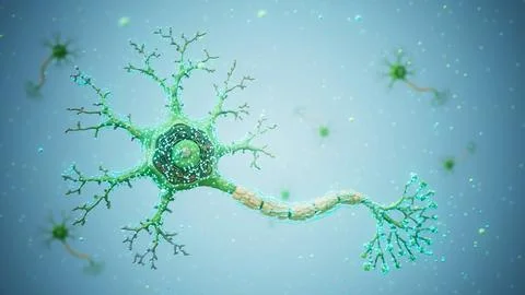 Conceptual 3D illustration of a neuron with floating molecules Stock Illustration