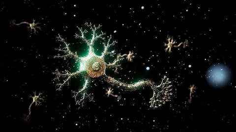 Conceptual 3D illustration of a neuron with floating molecules Stock Illustration