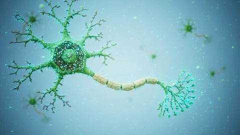 Conceptual 3D illustration of a neuron with floating molecules Stock Illustration