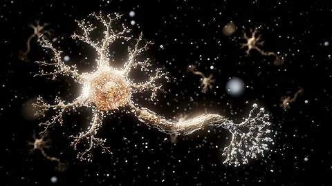 Conceptual 3D illustration of a neuron with floating molecules Stock Illustration