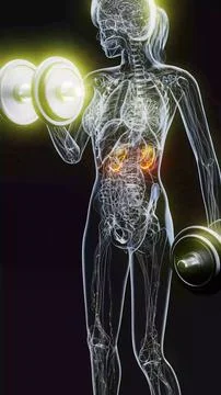Conceptual 3D illustration of an x-ray woman lifting weights with visible kid Stock Illustration