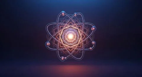 Conceptual 3d render of atomic structure with glowing nucleus and orbiting .. Stock Illustration
