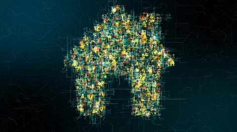 Conceptual 3D render futuristic look at home house network information tech Stock Illustration