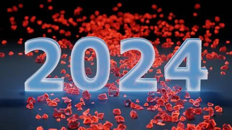 Conceptual 3D render illustration. The number 2024 in a glowing red blue Stock Illustration
