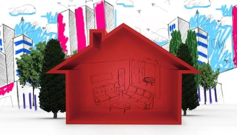 Conceptual 3D render is showing red house model revealing living room sketches Stock Photos