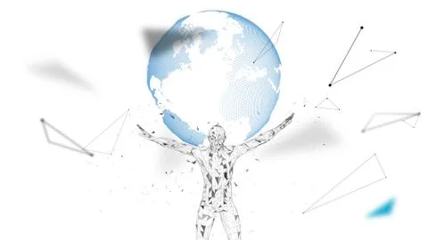 Conceptual abstract man with world globe. Connected lines, dots, triangles Illustrazione stock