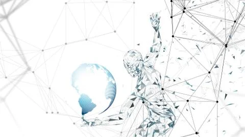 Conceptual abstract man with world globe. Connected lines, dots, triangles Stock Illustration