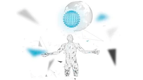 Conceptual abstract man with world globe. Connected lines, dots, triangles Illustrazione stock