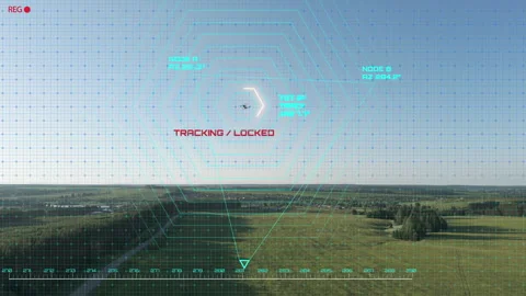 Conceptual AI surveillance interface tracking a drone over real-world... Vidéo 346027312