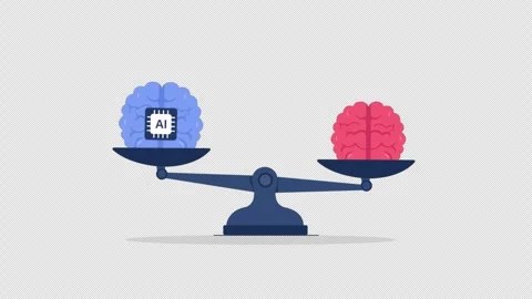 Conceptual Animation of Artificial Intelligence Versus Human Brain on Scales Vídeo Stock 348121420