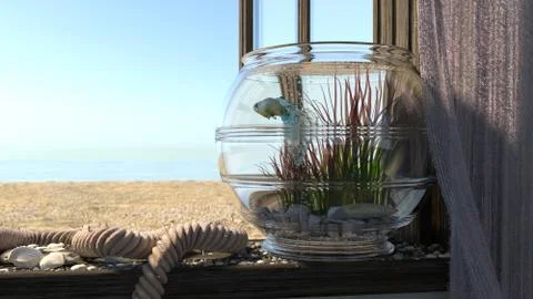 Conceptual background with beach sea, window, fish and aquarium Stock Illustration