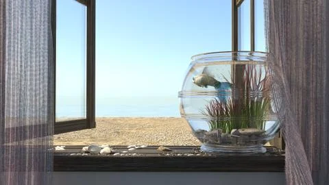 Conceptual background with beach sea, window, fish and aquarium Stock Illustration