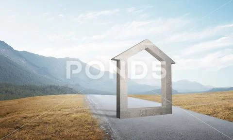 Conceptual background image of concrete home sign on asphalt road Stock Photos