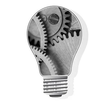 Conceptual black and white vector icon, a light bulb inside metal gear Stock Illustration
