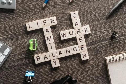 Conceptual business keywords on table with elements of game making crossword 库存照片